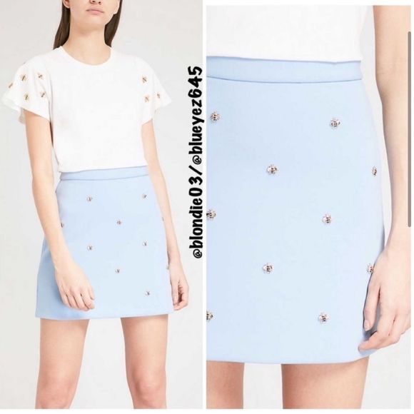 Maje “Jizie” Sky blue bee Embellished crepe mini skirt 1/US S - Picture 3 of 7